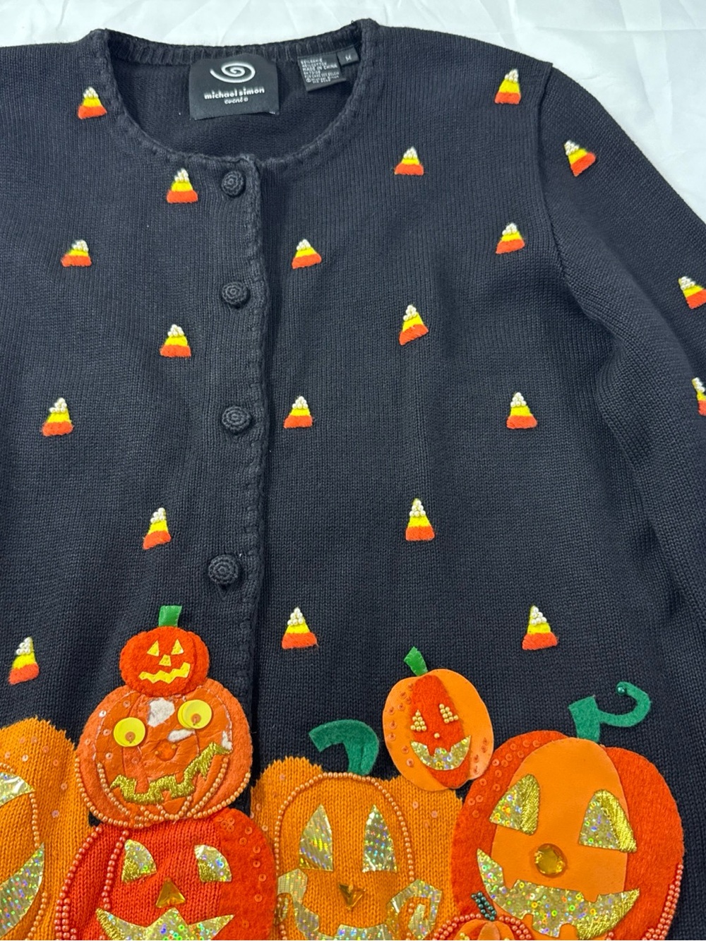 Vintage Michael Simon Halloween Cardigan Sz M, Beaded Pumpkin Embellished - Picture 8 of 15